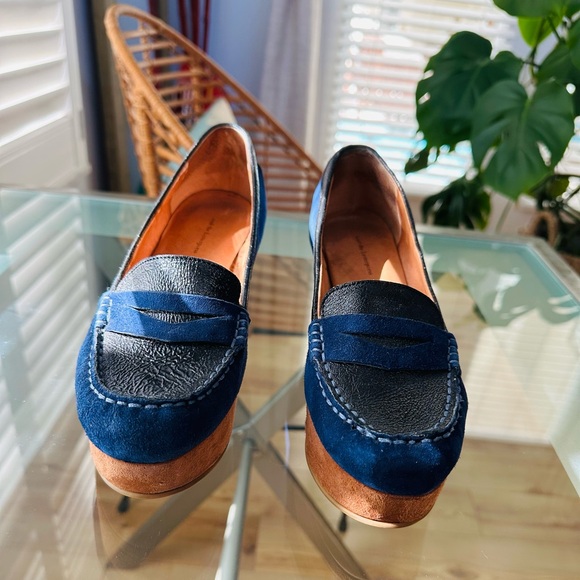 Anthropologie Shoes - Anthropologie Navy Blue & Brown Suede Leather Penny Loafers